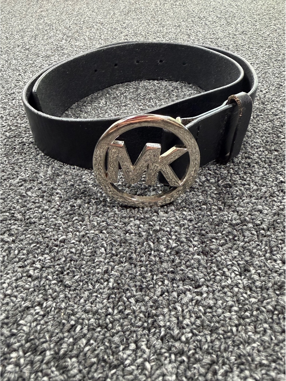 Michael Kors Black Leather Belt with Silver MK Logo Buckle, Size Small